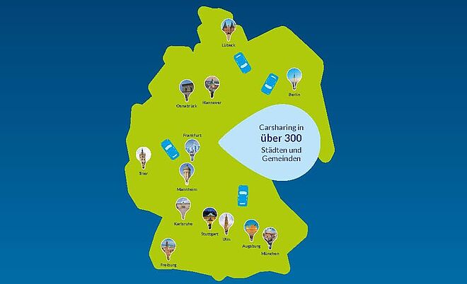 Deutschlandskizze mit Daten zum Carsharing, Weiterleitung zu Carsharing Deutschlandweit